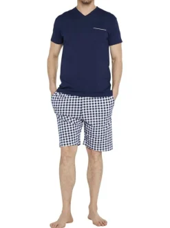 Pyjama court marine en coton avec une coupe fermée à motifs carreaux