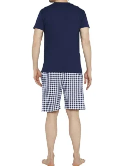 Pyjama court marine en coton avec une coupe fermée à motifs carreaux