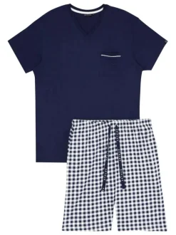 Pyjama court marine en coton avec une coupe fermée à motifs carreaux