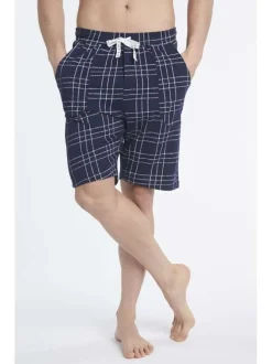 Pyjama court marine en coton à carreaux blancs