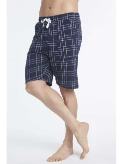 Pyjama court marine en coton à carreaux blancs