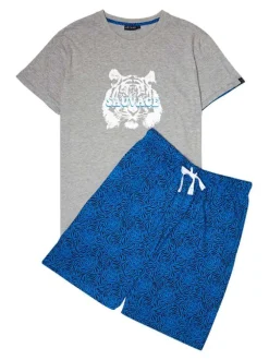 Pyjama court multicolore en coton fantaisie avec une coupe fermée, un col rond et des motifs tigres