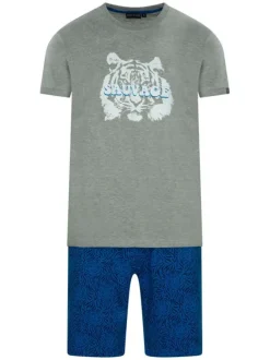 Pyjama court multicolore en coton fantaisie avec une coupe fermée, un col rond et des motifs tigres