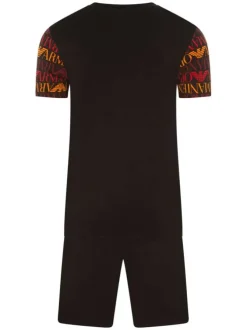 Pyjama court noir en coton avec logo multicolore all-over coupe droite col rond à manches courtes
