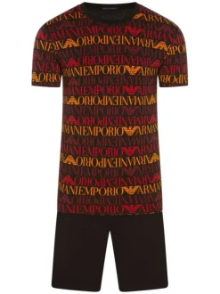 Pyjama court noir en coton avec logo multicolore all-over coupe droite col rond à manches courtes