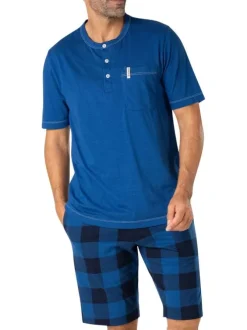 Pyjama en coton bleu à carreaux avec un col tunisien et des manches courtes