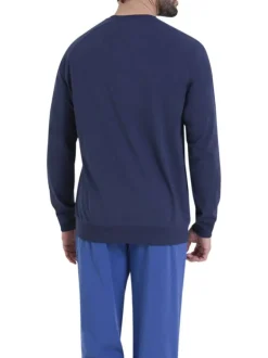 Pyjama en coton bleu imprimé à l'avant et pourvu d'un col rond