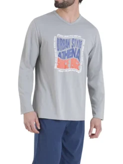 Pyjama en coton bleu marine et gris pourvu de manches longues