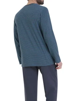 Pyjama en coton bleu rayé pourvu d'un col rond et de manches longues