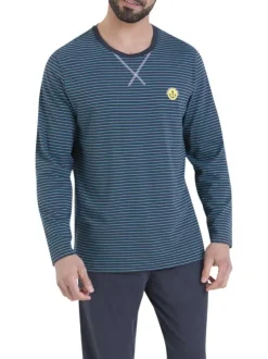 Pyjama en coton bleu rayé pourvu d'un col rond et de manches longues