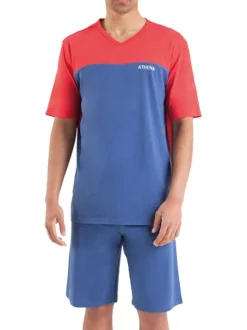 Pyjama en coton bleu uni avec une coupe droite et un col v arrondi