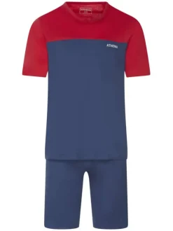 Pyjama en coton bleu uni avec une coupe droite et un col v arrondi
