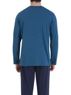 Pyjama en coton bleu uni pourvu d'un col v et de manches longues
