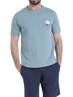 Pyjama en coton marine et bleu clair pourvu d'un col rond et de manches courtes