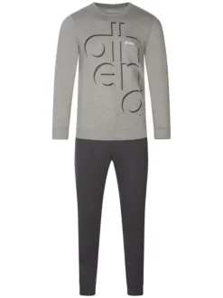 Pyjama en coton mélangé gris chiné avec une coupe droite et un col rond