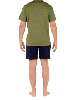 Pyjama kaki en coton uni coupe régular avec un col v