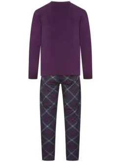 Pyjama long avec un t-shirt violet uni et un pantalon à carreaux