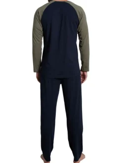 Pyjama long bicolore marine et kaki avec une coupe droite et un col rond