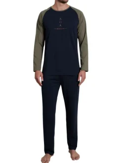 Pyjama long bicolore marine et kaki avec une coupe droite et un col rond