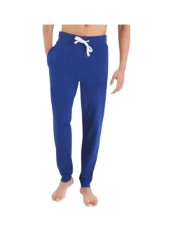 Pyjama long bleu et gris uni en coton mélangé à coupe droite et col rond
