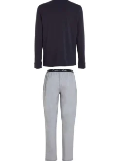 Pyjama long bleu et gris uni à manches longues avec une coupe droite