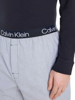 Pyjama long bleu et gris uni à manches longues avec une coupe droite
