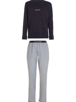 Pyjama long bleu et gris uni à manches longues avec une coupe droite