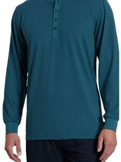 Pyjama long bleu imprimé avec une coupe droite et un col tunisien