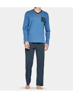 Pyjama long bleu imprimé en coton col v