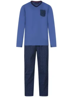 Pyjama long bleu imprimé en coton col v