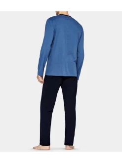 Pyjama long bleu imprimé en coton col v