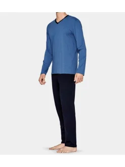 Pyjama long bleu imprimé en coton col v