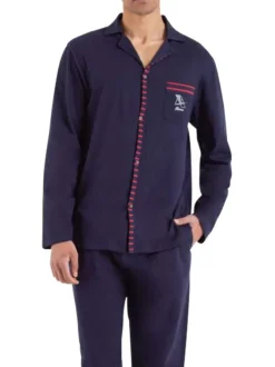 Pyjama long bleu marine uni en coton avec un col à revers et fermeture boutonnée