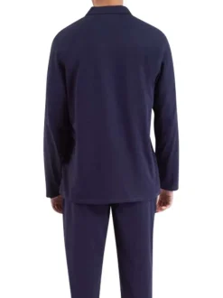 Pyjama long bleu marine uni en coton avec un col à revers et fermeture boutonnée