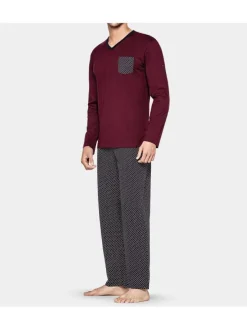 Pyjama long bordeaux imprimé en coton col v