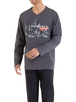 Pyjama long en coton anthracite imprimé avec une coupe fermée et un col V