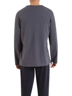 Pyjama long en coton anthracite imprimé avec une coupe fermée et un col V