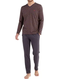 Pyjama long en coton anthracite imprimé géométrique à coupe fermée et col v