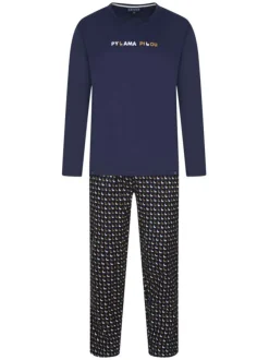 Pyjama long en coton avec T-shirt uni et pantalon imprimé de lama bicolore