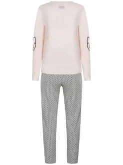 Pyjama long en coton avec un pantalon gris à pois et un haut rose uni