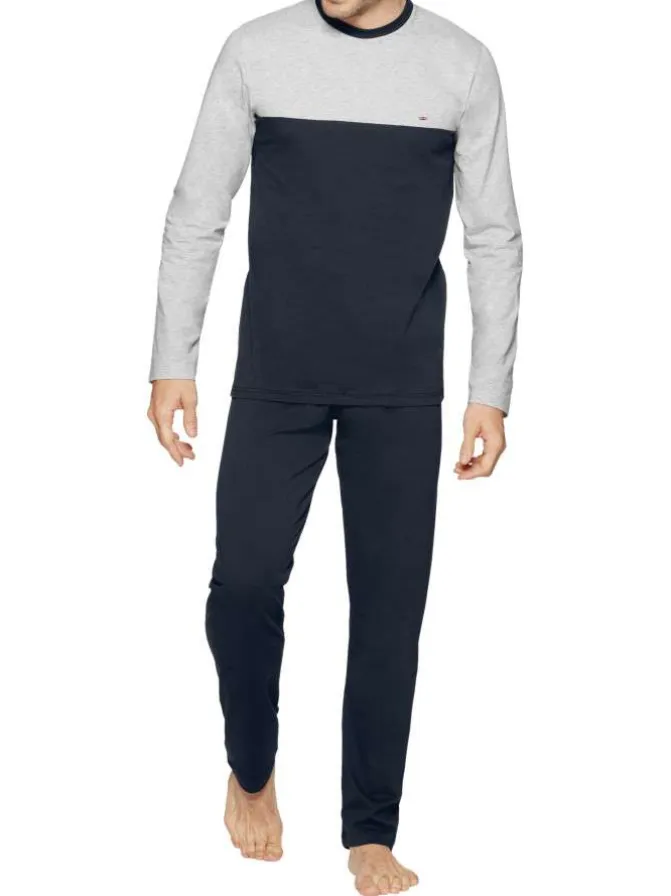 Pyjama long en coton bicolore, à coupe ajustée, col rond contrasté et pantalon à taille élastiquée