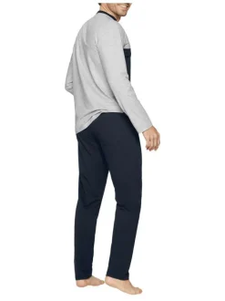 Pyjama long en coton bicolore, à coupe ajustée, col rond contrasté et pantalon à taille élastiquée