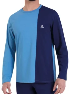 Pyjama long en coton bleu bicolore avec un col rond et une coupe droite