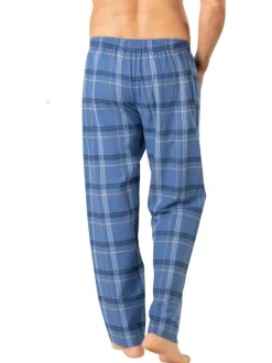 Pyjama long en coton bleu à carreaux avec un col chemise et des poches