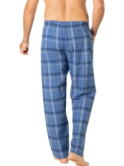 Pyjama long en coton bleu à carreaux avec un col tunisien et une coupe droite
