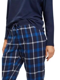 Pyjama Long en coton bleu carreaux avec une coupe droite et un col rond