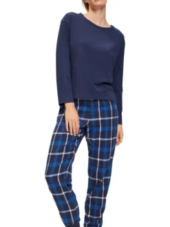 Pyjama Long en coton bleu carreaux avec une coupe droite et un col rond