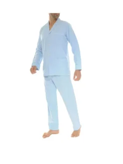 Pyjama long en coton bleu ciel uni avec une coupe droite et un col cubain
