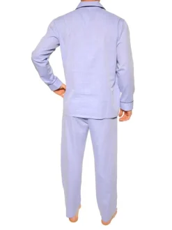 Pyjama long en coton bleu ciel uni avec une coupe droite et un col cubain
