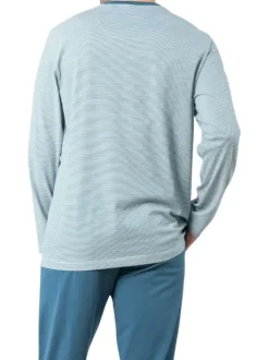 Pyjama long en coton bleu clair à rayures avec un col tunisien